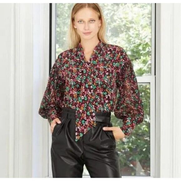 ✨Who What Wear Women's Balloon Long Sleeve Bow Cheetah Sz Large Blouse✨ - Picture 1 of 9
